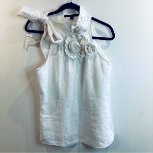KATHERINE BARCLAY Sz S 100% Linen 3-D Flowers Shoulder Tie Zipper Closure Blouse
